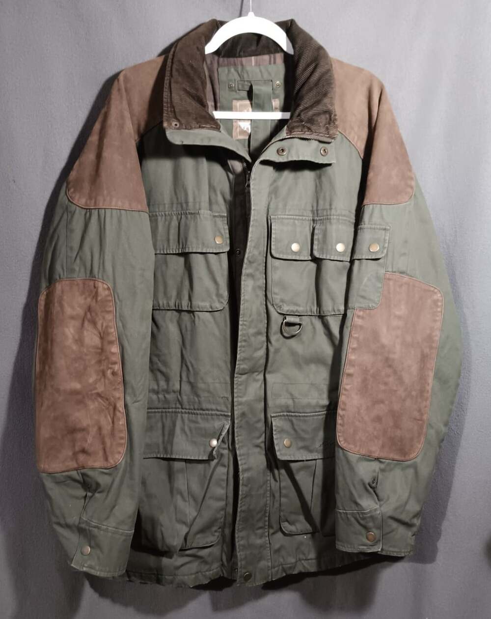 Eddie Bauer Large Tall Waterproof Field Coat Hidden Hood Canvas Leather NOS